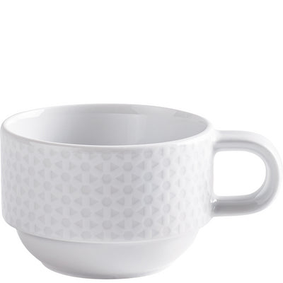 Eine weiße Tasse aus Keramik mit einem dezenten, geometrischen Muster aus kleinen, eingravierten Dreiecken. Die Tasse hat einen stabilen Henkel und eine runde Form. Sie steht auf einer schmalen Basis und hat eine glänzende Oberfläche, die das Licht reflektiert. Ideal für Heißgetränke wie Kaffee oder Tee und in einem modernen, minimalistischen Design gehalten.
