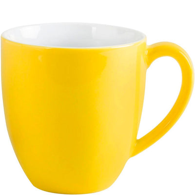 Eine helle, leuchtend gelbe Tasse mit glattem, glänzendem Finish. Der obere Rand ist weiß und die Tasse hat eine klassische, leicht bauchige Form. Sie steht auf einer neutralen Unterlage und wirkt einladend und fröhlich, ideal für Kaffee oder Tee.
