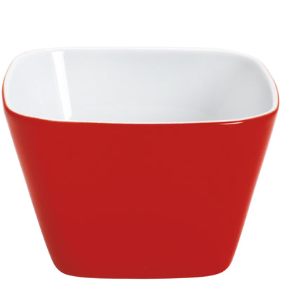 Rote quadratische Schüssel aus Keramik mit abgerundeten Ecken, innen weiß und außen rot. Die Schüssel hat eine moderne Form und eignet sich ideal für Snacks, Dips oder kleine Beilagen. Sie steht auf einer flachen Basis und hat eine glatte Oberfläche.