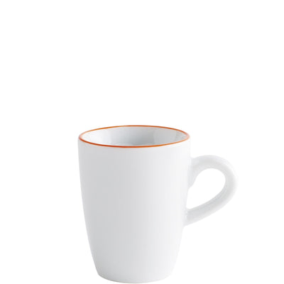 Weiße Kaffeetasse mit einem schmalen, orangefarbenen Rand. Die Tasse hat eine gerade Form und einen gerundeten Henkel. Sie steht auf einer glatten, hellen Oberfläche. Der Innenraum ist ebenfalls weiß und gleicht der äußeren Farbe. ideal für die Verwendung zu Hause oder im Büro.