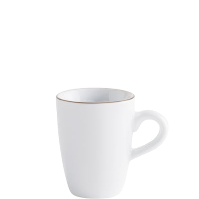 Weißer Kaffeebecher mit einem schmalen goldenen Rand. Der Becher hat eine gerade Form und einen stabilen Henkel. Er steht auf einer neutralen Oberfläche und wirkt modern und elegant. Ideal für Kaffee oder Tee.
