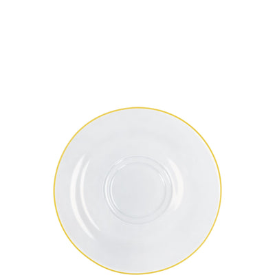 Ein weißer Teller mit einem eleganten, goldenen Rand. Der Teller hat eine glatte Oberfläche und eine runde Form. In der Mitte befindet sich eine leicht vertiefte Fläche. Das Bild zeigt den Teller aus der Vogelperspektive, sodass die gesamte Form und der Rand gut zur Geltung kommen. Ideal für anspruchsvolle Tischdekorationen oder feierliche Anlässe.
