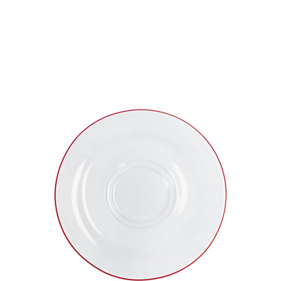 Ein runder, durchsichtiger Teller mit einem schmalen, roten Rand. Der Teller hat eine glatte Oberfläche und eine leicht gewölbte Form, die typischerweise für den Einsatz in der Gastronomie oder beim Servieren von Speisen geeignet ist. Der Hintergrund ist weiß, was den Fokus auf das Geschirr lenkt.