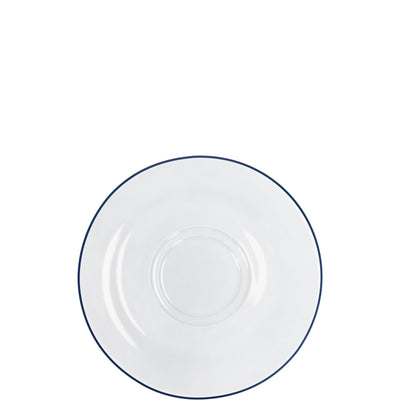 Ein flacher, runder Teller mit einem schlichten, klaren Design. Er hat einen breiten, weißen Rand, der mit einer dünnen, blauen Linie verziert ist. Die Oberfläche des Tellers ist glatt und glänzend, wodurch er modern und elegant wirkt. Der Teller ist für verschiedene Anlässe geeignet, sei es für den täglichen Gebrauch oder besondere Anlässe.