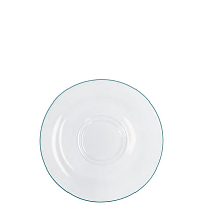 Ein transparenter, runder Glasteller mit einer schmalen, blauen Randverzierung. Der Teller hat eine flache Oberfläche und einen leicht erhöhten Rand. Er ist auf einem weißen Hintergrund platziert, was den minimalistischen Stil betont. Der Teller eignet sich für Desserts oder Vorspeisen und hebt die Präsentation von Speisen elegant hervor.