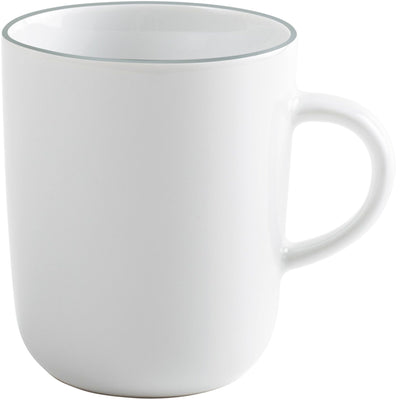 Ein einfacher, eleganter Kaffeebecher in Weiß mit einem leicht geschwungenen Rand. Der Becher hat eine gerade Form und eine glatte Oberfläche, die ihm ein modernes Aussehen verleiht. Ideal für Heißgetränke wie Kaffee oder Tee.