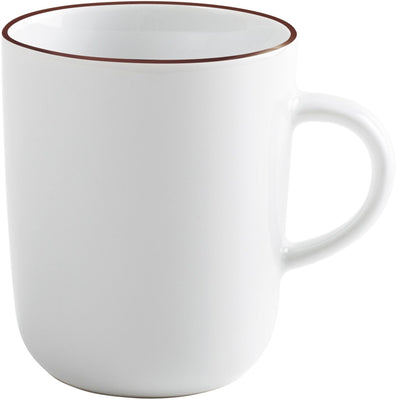 Weißer Kaffeebecher mit einem schlichten, geraden Design und einem dunklen Rand. Die Tasse steht auf einer neutralen Oberfläche und hat eine griffige Henkelanordnung. Sie ist leer und zeigt die glatte, glänzende Innenseite. Der Fokus liegt auf der klaren Form und dem minimalistischen Stil. Ideal für heiße Getränke wie Kaffee oder Tee.