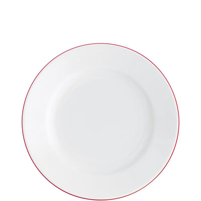 Ein runder, weißer Teller mit einem schmalen roten Rand. Der Teller hat eine glatte, glänzende Oberfläche und ist schlicht gestaltet, ohne weitere Verzierungen. Der Hintergrund ist weiß, wodurch der Teller gut zur Geltung kommt. Ideal für den Einsatz bei Mahlzeiten oder als Servierplatte.