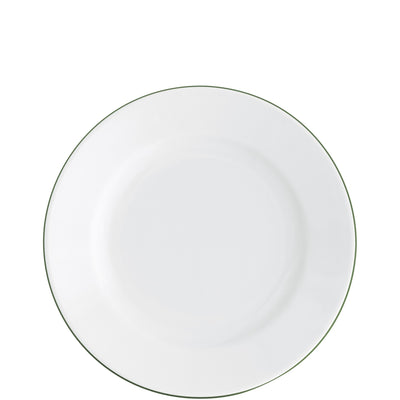 Weißer Teller aus Porzellan mit schmalem, grünem Rand. Der Teller ist rund und hat eine glatte Oberfläche, die in der Mitte leicht vertieft ist. Der Hintergrund ist einfarbig, wodurch der Teller klar und deutlich hervortritt. Ideal für die Präsentation von Speisen bei Anlässen oder für den täglichen Gebrauch.