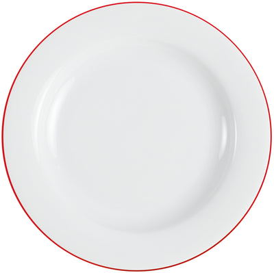 Ein weißer Teller mit einem dünnen roten Rand. Der Teller ist flach und hat keine dekorativen Muster oder Aufdrucke, wodurch er schlicht und modern wirkt. Er ist leere, ohne Essen darauf platziert, und hebt sich klar vom Hintergrund ab. Ideal für die Präsentation von Speisen in einem Restaurant oder beim Essen zu Hause.