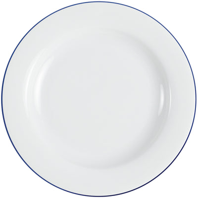 Weißer flacher Teller mit einem blauen Rand. Der Teller hat eine glatte Oberfläche und keine Dekorationen. Er liegt auf einem hellen Untergrund und ist von oben fotografiert.