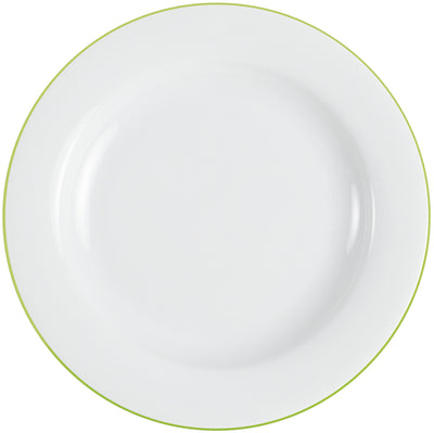 Ein runder, flacher Teller aus weißem Porzellan mit einem schmalen, grünen Rand. Der Teller hat eine glatte Oberfläche und ist geeignet für verschiedene Arten von Speisen. Die einfache Gestaltung hebt die Präsentation von Gerichten hervor und fügt sich gut in verschiedene Tischdekorationen ein. Ideal für den Einsatz im Alltag sowie bei festlichen Anlässen.