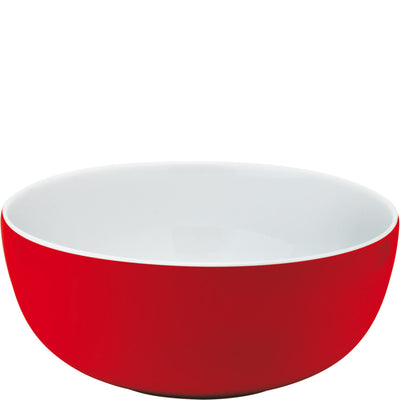 Ein rundes Schüssel aus Kunststoff, außen in leuchtendem Rot und innen in Weiß. Die Schüssel hat eine schlichte, moderne Form und ist vielseitig einsetzbar, zum Beispiel für Salate oder Snacks. Die glatte Oberfläche sorgt für eine einfache Reinigung und Pflege.