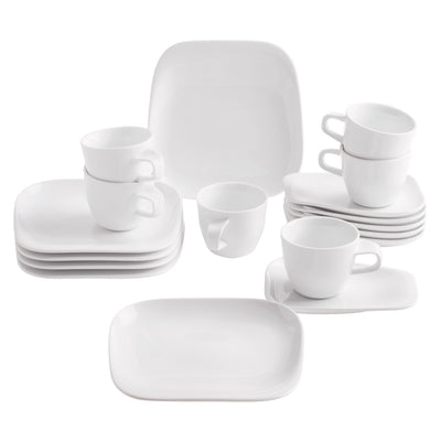 Ein Set aus weißem Geschirr, bestehend aus mehreren flachen und tiefen Tellern, zwei verschiedenen Bechergrößen sowie einer kleinen Tasse. Die Tassen sind übereinander gestapelt, und die Gruppe ist auf einem neutralen Hintergrund angeordnet. Das Geschirr hat eine moderne, schlichte Form und eignet sich für den täglichen Gebrauch oder besondere Anlässe.
