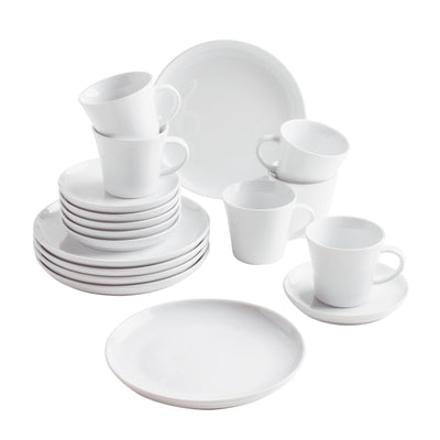 Eine Weißgeschirr-Set besteht aus mehreren Tellern, Untertassen und Kaffeetassen. Die Teller sind stapelbar und zeigen eine glatte, schlichte Oberfläche. Mehrere Tassen sind auf den Tellern angeordnet, einige sind übereinander gestapelt. Das gesamte Set hat ein minimalistisches Design und eine einheitliche, glänzende weiße Farbe. Dieses Geschirr eignet sich gut für den täglichen Gebrauch oder besondere Anlässe.
