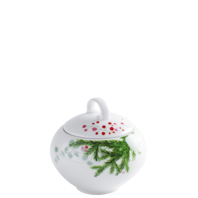 Kleine, weiße Zuckerdose mit einem abgerundeten Körper und einem Deckel. Die Dose ist mit einem dekorativen Muster aus grünen Zweigen und roten Beeren verziert. Die bauchige Form und der elegante Deckel verleihen ihr eine klassische Ausstrahlung. Ideal für die Präsentation von Zucker oder als dekoratives Element auf dem Tisch.