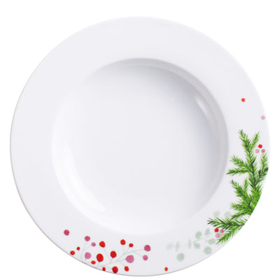 Ein tiefer, runder Teller aus weißem Porzellan mit einem dekorativen Rand. Der Teller zeigt bunte Motive in Form von roten Beeren und grünen Zweigen, die einem festlichen oder winterlichen Thema entsprechen. Der Innenbereich des Tellers ist klar und unbeschränkt, ideal für Servieren von Speisen.
