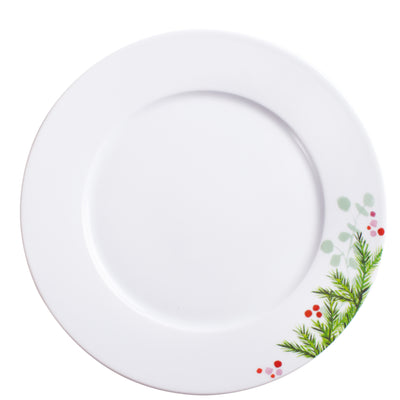Ein runder, weißer Teller mit einem dekorativen Rand. Am unteren rechten Rand sind grüne Blätter und kleine, rote Beeren abgebildet. Der Teller hat ein schlichtes, elegantes Design und wirkt modern. Er ist geeignet für den Einsatz bei festlichen Anlässen oder im Alltag. Der Hintergrund ist neutral, sodass die Dekoration gut zur Geltung kommt.
