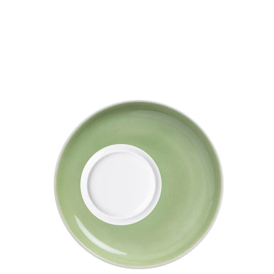 Ein flacher, runder Teller in sanften Grüntönen mit einem weißen inneren Bereich. Der Teller hat einen glatten, glänzenden Finish und ist minimalistisch gestaltet. Der äußere Rand ist in einem hellen, pastelligen Grün gehalten, während das Zentrum weiß ist, was einen Kontrast schafft. Ideal für die Präsentation von Speisen oder als dekoratives Element auf einem Tisch.