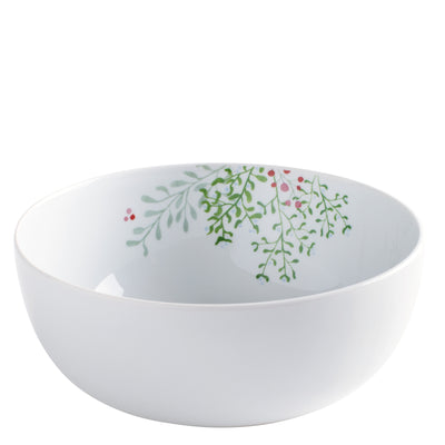 Eine runde, weiße Schüssel mit einem dezenten, farblichen Dekor. Im Inneren der Schüssel sind grüne Blätter und kleine rote sowie rosafarbene Beeren abgebildet. Die Form ist klassisch und elegant, geeignet für verschiedene Anlässe, von Alltagsgebrauch bis hin zu festlichen Tafeln.