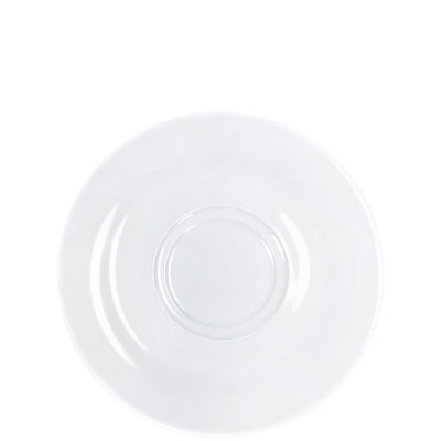 Ein runder, transparenter Teller aus Glas mit einem leicht vertieften Mittelbereich. Der Teller hat eine schlichte, elegante Form und zeigt keine Muster oder Farbdekorationen. Er ist auf einem weißen Hintergrund platziert, wodurch das klare Design betont wird.