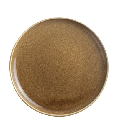 Ein rundes, flaches Geschirr aus Keramik mit einer glänzenden, braunen Oberfläche. Der Rand des Tellers ist etwas heller gehalten, was einen schönen Kontrast erzeugt. Die Textur wirkt fein und gleichmäßig, was auf eine hochwertige Verarbeitung hinweist. Dieser Teller eignet sich ideal für das Servieren von Hauptgerichten oder Desserts und passt gut zu unterschiedlichen Tischdekorationen.
