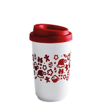 Ein wiederverwendbarer Kaffeebecher aus weißem Porzellan mit einem roten Muster rund um den Beche und einem roten Deckel. Der Becher ist ergonomisch geformt, ideal für Getränke unterwegs. Das Muster sorgt für einen sicheren Halt und verhindert das Verrutschen. Der Deckel hat eine Öffnung zum Trinken und schützt vor Verschütten. Der gesamte Becher hat ein modernes Design und ist umweltfreundlich, geeignet für heiße und kalte Getränke.