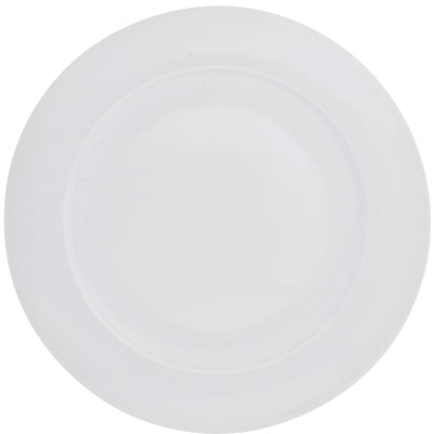 Ein runder, weißer Teller mit glatter Oberfläche, ohne dekorative Elemente oder Muster. Der Teller ist auf einer einfarbigen, neutralen Fläche platziert und hat eine leicht erhöhte Kante. Er eignet sich für die Präsentation von Speisen und ist im minimalistischen Stil gehalten.