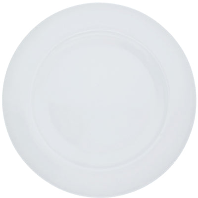 Ein runder, flacher Teller in reinem Weiß, ohne jegliche Verzierungen oder Muster. Die Oberfläche ist glatt und reflektiert leicht das Licht. Der Teller hat einen leicht erhöhten Rand, der ihm Stabilität verleiht. Ideal für den Einsatz in der Küche oder im Esszimmer, sowohl für alltägliche als auch für festliche Anlässe.