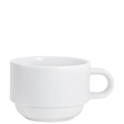 Eine weiße, minimalistische Kaffeetasse aus Porzellan mit rundem Körper und einem kleinen, seitlichen Henkel. Die Tasse steht auf einem flachen Boden und hat eine schlichte, moderne Form. Der Hintergrund ist neutral, wodurch die Tasse hervortritt und ihr elegantes Design betont wird.