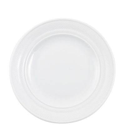 Ein runder, flacher Teller aus weißem Porzellan, der auf einem einfarbigen Hintergrund platziert ist. Der Teller hat einen schlichten, eleganten Rand mit einer feinen strukturierten Linie. Die Oberfläche ist glänzend und spiegelnd, wodurch ein hochwertiger Eindruck entsteht. Dieser Teller eignet sich ideal für die Präsentation von Speisen und kann im Alltag sowie bei besonderen Anlässen verwendet werden.