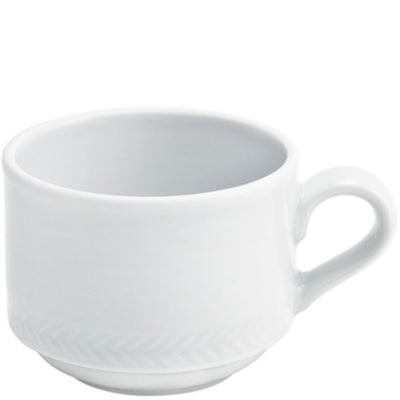 Ein einfaches, weißes Porzellanbecher ohne Verzierung. Der Becher hat eine runde Form, eine schmalere untere Basis und einen stabilen Henkel. Die Oberfläche ist glatt und glänzend, was ihm ein elegantes Aussehen verleiht. Ideal für heiße Getränke wie Kaffee oder Tee.