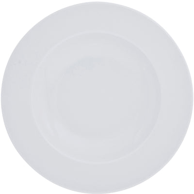 Ein einfacher, runder, weißer Teller aus Keramik, der auf einer neutralen Oberfläche liegt. Der Teller hat eine glatte, glänzende Oberfläche ohne Muster oder Verzierungen und ist ideal zum Servieren von Speisen oder als dekoratives Element. Die zarte Form und die neutrale Farbe machen ihn vielseitig einsetzbar.