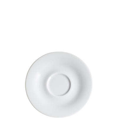 Ein schlichter, runder, weißer Teller mit leicht erhobenem Rand in der Mitte. Der Teller hat eine glatte Oberfläche und ist auf einem einfarbigen Hintergrund platziert. Ideal für den Einsatz beim Servieren von Speisen oder als dekoratives Element.