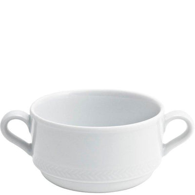 Eine weiße, runde Porzellan-Schüssel mit zwei seitlichen Griffen. Die Schüssel hat eine schlichte, elegante Form und einen dezenten Zierstreifen um den Rand. Sie ist ideal für Suppen, Saucen oder Beilagen und eignet sich sowohl für den täglichen Gebrauch als auch für besondere Anlässe. Der glatte, glänzende Porzellanoberfläche verleiht ihr ein zeitloses Aussehen.