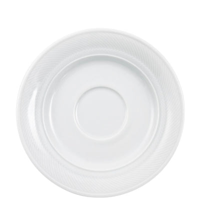 Ein weißer, runder Unterteller aus Porzellan mit einer feinen, reliefartigen Struktur am Rand. Die Oberfläche ist glatt und glänzend, während die Innenseite eine leicht vertiefte Mitte für das Platzieren von Tassen oder kleinen Geschirrteilen aufweist. Der Teller hat einen schlichten, eleganten Look und eignet sich für verschiedene Anlässe.