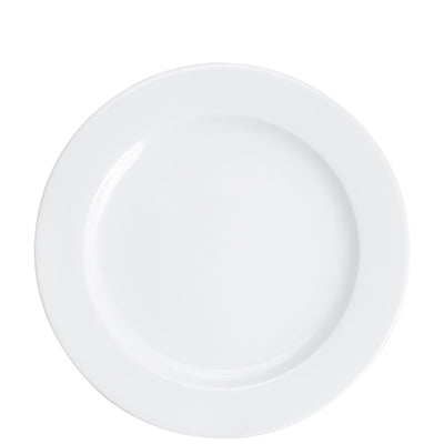 Weißer, runder Teller aus Keramik, der auf einem neutralen Hintergrund abgebildet ist. Der Teller hat eine glatte Oberfläche und eine leicht erhöhte Kante, die einen eleganten Look vermittelt. Er eignet sich für den Einsatz bei Mahlzeiten und ist vielseitig einsetzbar, sowohl im Alltag als auch bei besonderen Anlässen.