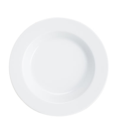 Ein weißer, runder Teller ohne Verzierungen oder Muster. Der Teller hat einen sanften Rand und ist gleichmäßig geformt. Er liegt auf einem neutralen Hintergrund und wirkt sauber und modern, eignet sich für verschiedene Anlässe und Tischgedecke. Ideal für servierte Speisen oder zum Anrichten von Gerichten.