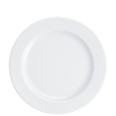 Ein einzelner, runder, weißer Teller ohne Muster oder Verzierung, aus Porzellan gefertigt. Der Teller ist flach und hat eine leicht gewölbte Kante. Der Hintergrund ist neutral und hebt den Teller deutlich hervor.