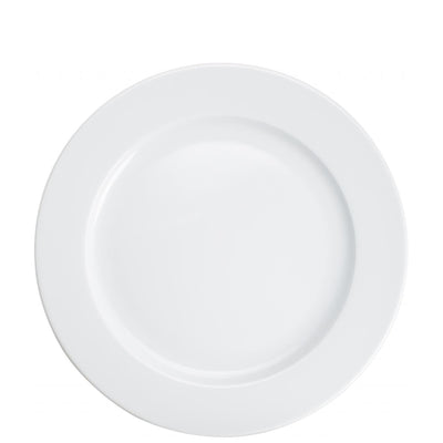 Ein weißer, runder Teller aus Keramik, mit einem glatten und glänzenden Finish. Der Teller hat einen leicht erhöhten Rand und ist auf einem neutralen Hintergrund platziert. Ideal für die Präsentation von Speisen oder für den Einsatz in der Tischdekoration.