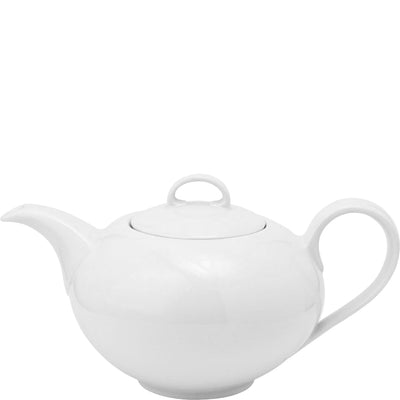 Weißer Teekessel aus Keramik mit runder Form und schmalem Ausguss. Der Deckel hat einen kleinen Griff, und der Kessel hat einen stabilen Henkel auf der Seite. Die Oberfläche ist glatt und glänzend, ohne Muster oder Verzierungen, was ihm ein schlichtes und elegantes Erscheinungsbild verleiht. Ideal für die teetrinkende Gesellschaft.