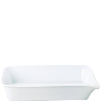 Weißes, rechteckiges Serviergeschirr aus Keramik mit leicht gewölbten Kanten. Das Geschirr hat eine glatte Oberfläche und eignet sich ideal zum Backen oder Servieren von Gerichten. Die Seiten sind leicht erhöht, was das Halten von Flüssigkeiten und Lebensmitteln erleichtert. Das schlichte Design ermöglicht vielseitige Verwendungsmöglichkeiten in der Küche oder auf dem Tisch.