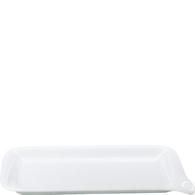 Langes, rechteckiges Serviertablett aus weißem Porzellan mit abgerundeten Ecken und einem schlichten, eleganten Design. Das Tablett hat eine glatte Oberfläche und ist ideal für das Servieren von Snacks oder als dekoratives Element in der Küche.