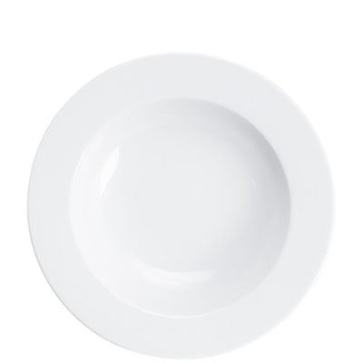 Ein schlichtes, rundes, weißes Teller ohne Muster, in einer klaren Ansicht von oben. Der Teller hat eine glatte Oberfläche und eine leicht erhobene Kante, die ihm Stabilität verleiht. Er dient als Tischgedeck für Mahlzeiten oder Snacks und ist ideal für verschiedene Anlässe.