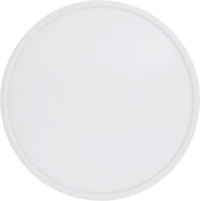 Eine runde, flache, transparente Kunststoffplatte auf einem weißen Hintergrund. Die Platte hat einen leicht glänzenden Finish und keine sichtbaren Eigenschaften oder Verzierungen. Sie könnte für verschiedene Anwendungen wie als Teller oder Abdeckung dienen.