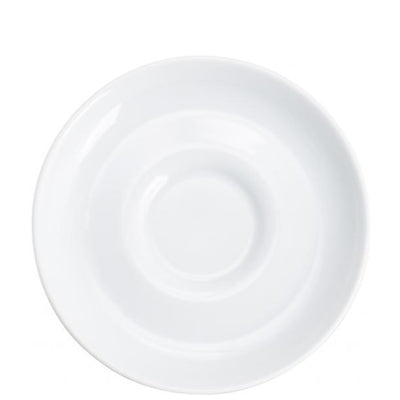 Ein einfacher, runder, weißer Teller aus Keramik mit leicht erhöhtem Rand. Die Oberfläche ist glatt und glänzend, und der Teller weist in der Mitte eine Vertiefung auf. Ideal für die Präsentation von Speisen oder als Unterteller. Der Teller hat keine Dekorationen und zeigt ein minimalistisches Design.