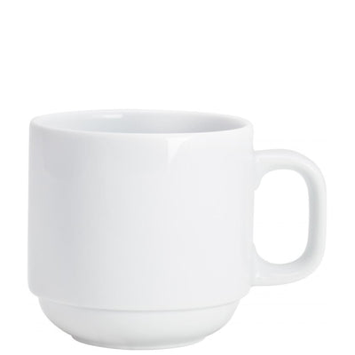 Weißer Kaffeebecher aus Keramik mit rundem, schlichtem Design und einem komfortablen Henkel. Die Oberfläche ist glatt und glänzend, ohne Muster oder Verzierungen, was ihn zeitlos und vielseitig einsetzbar macht. Ideal für Getränke wie Kaffee oder Tee.
