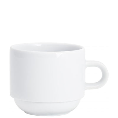 Ein einfaches, weißes Porzellanbecher mit einem runden, stabilen Körper und einem kleinen, seitlichen Griff. Der Becher hat eine glatte Oberfläche ohne Muster und wirkt modern und minimalistisch. Die obere Kante ist leicht nach außen gewölbt, während der Boden flach und stabil ist. Ideal für Kaffee oder Tee.
