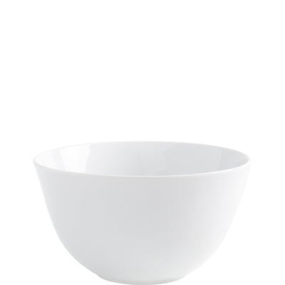 Eine schlichte, weiße Schüssel mit runder Form, die auf einem weißen Hintergrund steht. Die Schüssel hat einen glatten, glänzenden Innen- und Außenbereich und ist für verschiedene Lebensmittel geeignet. Sie wirkt modern und elegant, ideal für den täglichen Gebrauch oder besondere Anlässe.