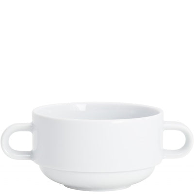 Eine weiße, porzellanartige Schale mit zwei seitlichen Griffen. Die Schale hat einen runden, flachen Boden und eine schlichte, zeitlose Form, ideal für verschiedene Speisen oder als Serviergeschirr. Der Innenraum ist glatt und glänzend, während die Außenseite ebenfalls in einem einheitlichen Weiß gehalten ist.